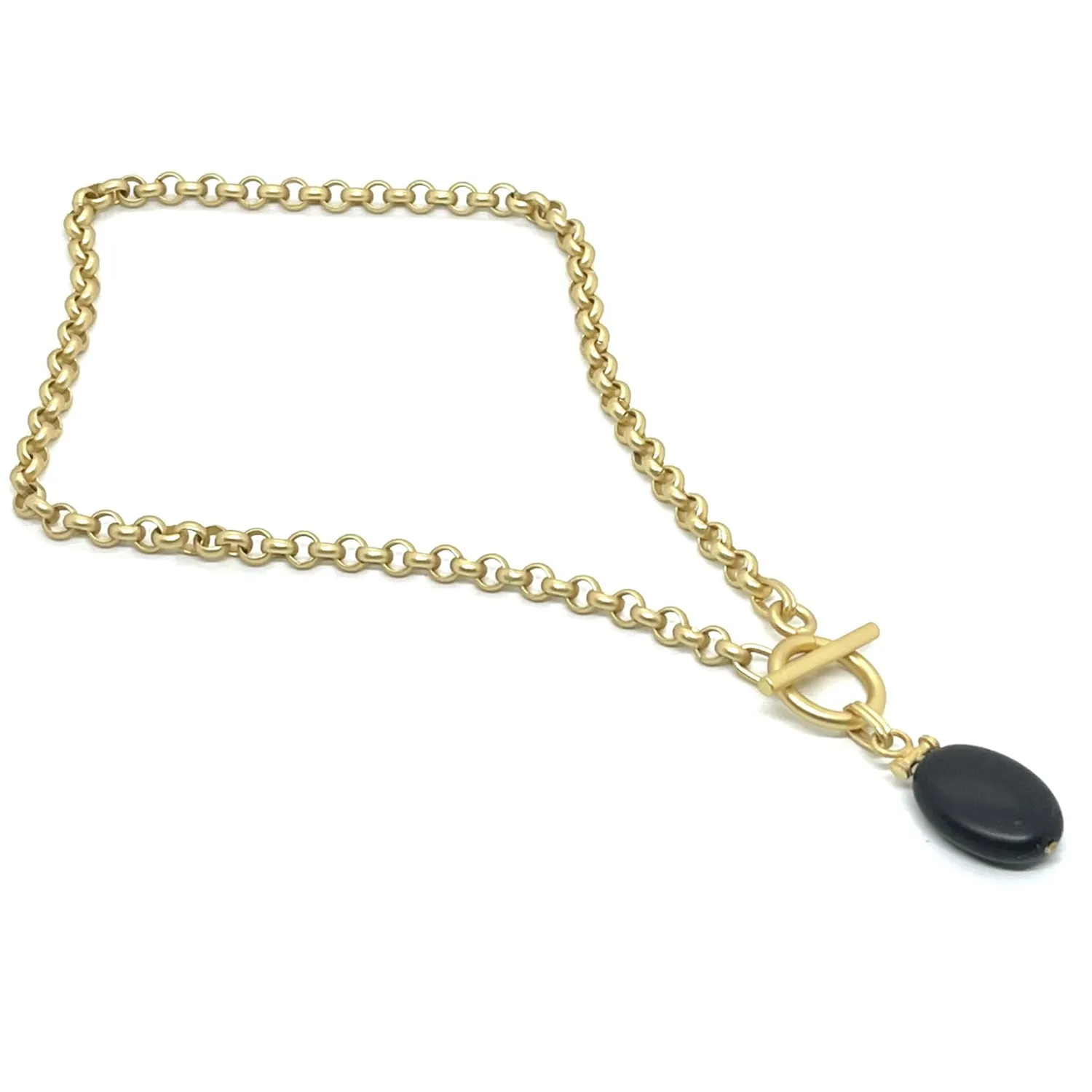 Matte Black Onyx Bar Pendant Matte Gold Chain Necklace