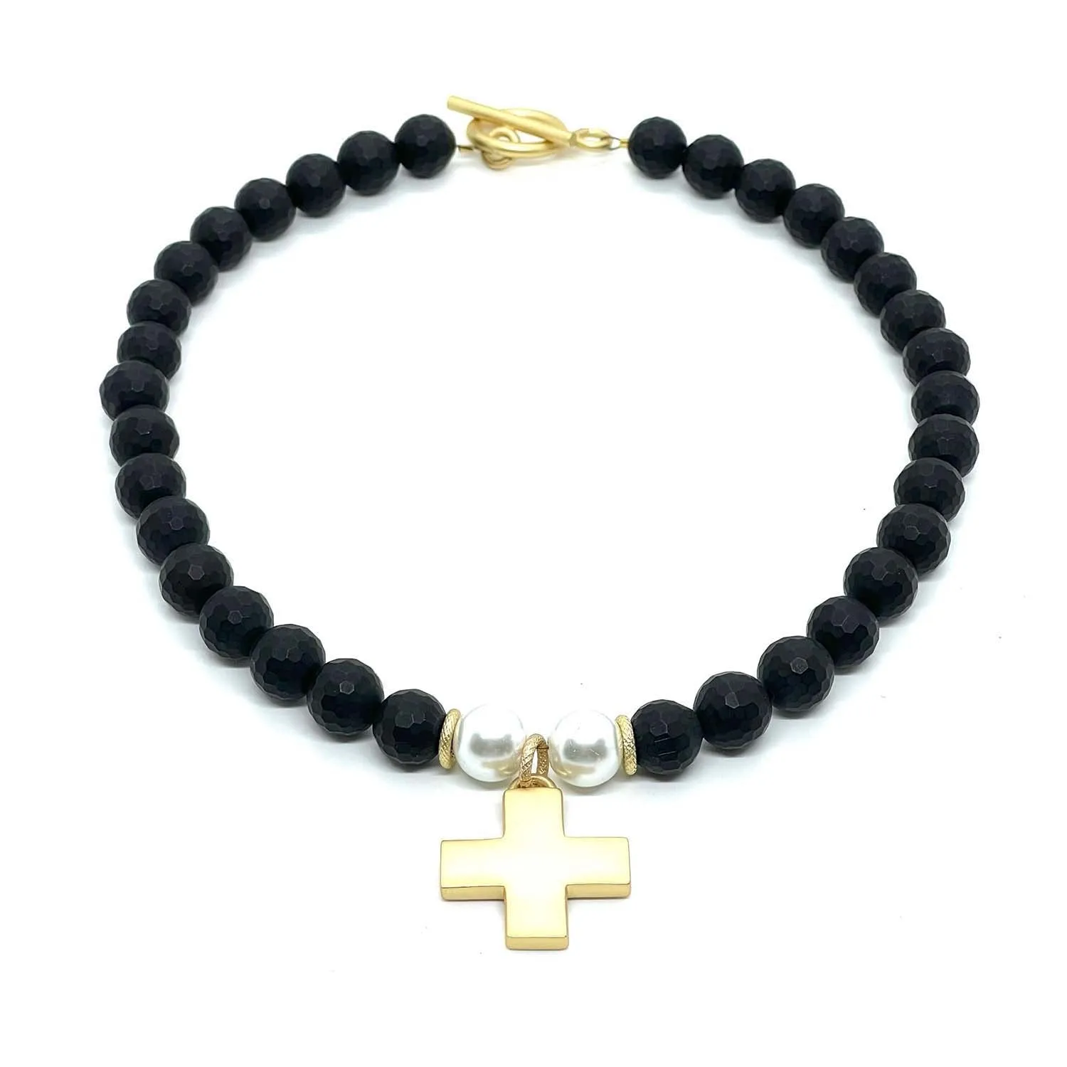 Matte Gold Cross Matte Black Onyx With White Pearl Accent Necklace