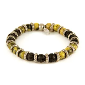 Mens Combination Lava Beads Donut Rings and Semi Precious Yellow Turquoise Stone Bead Stretch Bracelet