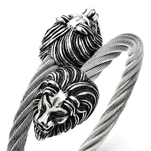 Mens Elastic Adjustable Lion Head Bangle Bracelet Stainless Steel Cuff Bracelet