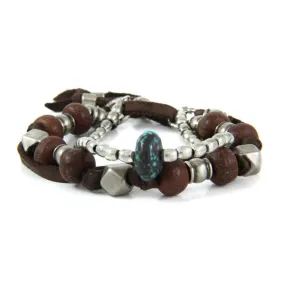 Mens Multi Bead Deerskin Leather Bracelet with Turquoise Bead Nugget and Shield Charm