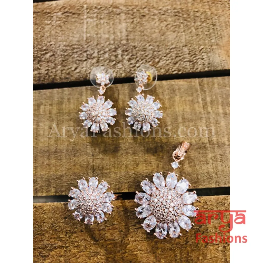 Mia Silver Cubic Zirconia Flower Pendant with Stud Earrings