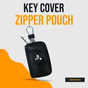 Mitsubishi Zipper Matte Leather Key Cover Pouch Black with Keychain Ring