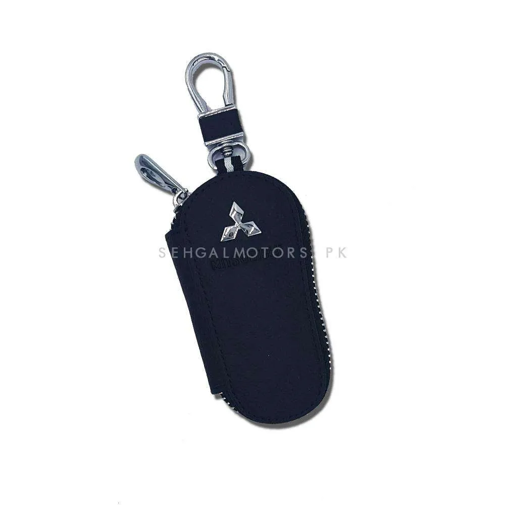 Mitsubishi Zipper Matte Leather Key Cover Pouch Black with Keychain Ring