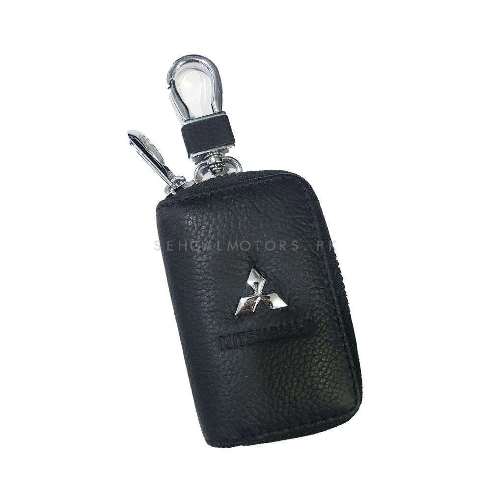 Mitsubishi Zipper Matte Leather Key Cover Pouch Black with Keychain Ring