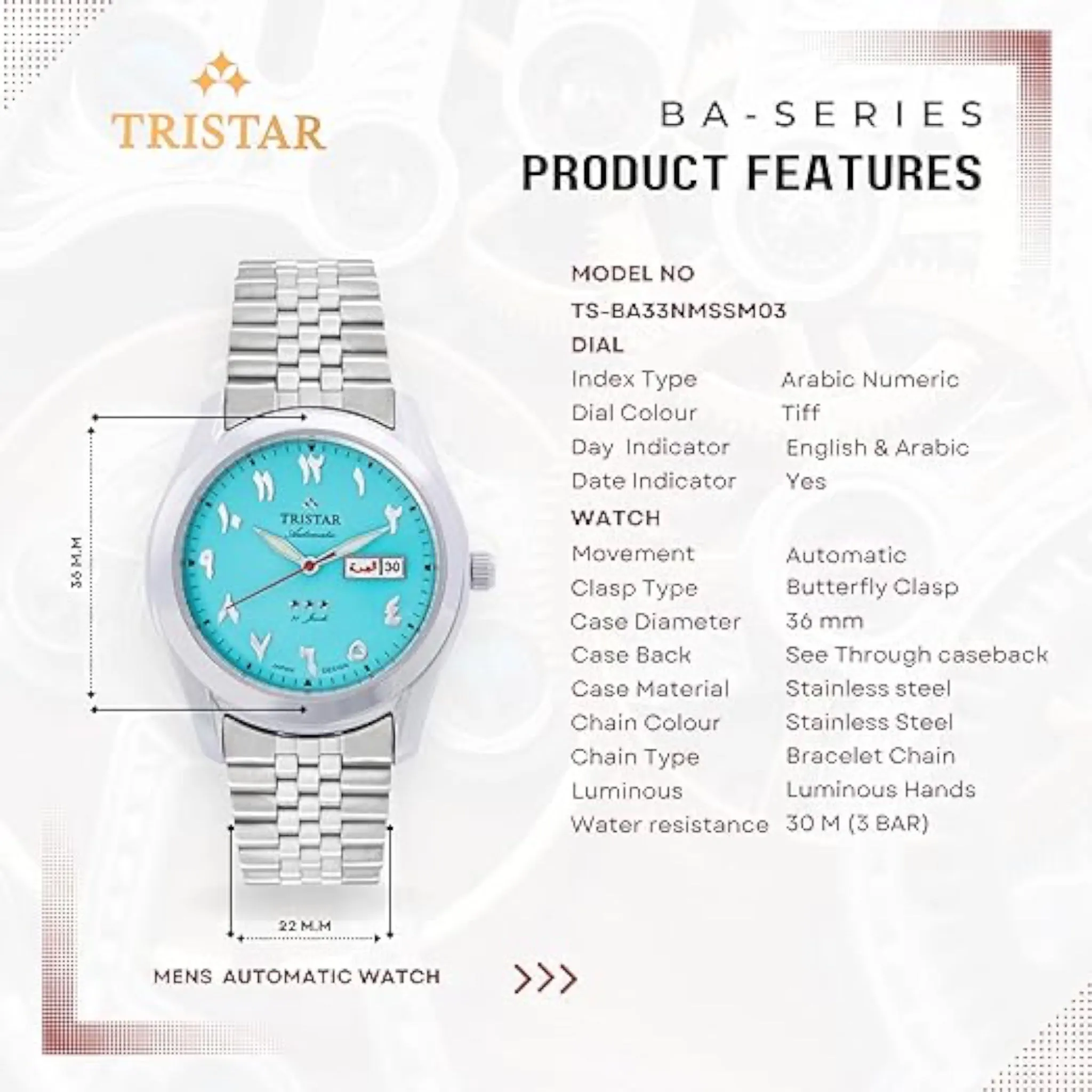 Montre Tristar Arabic Dial BA33NMSSM03 Bleu Turquoise Automatique