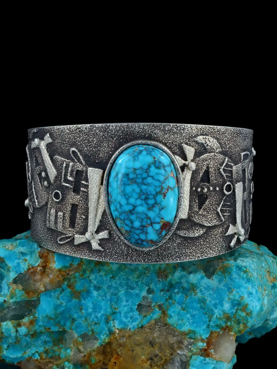 Native American Tufa Cast Yei Sterling Silver Natural Blue Moon Turquoise Bracelet