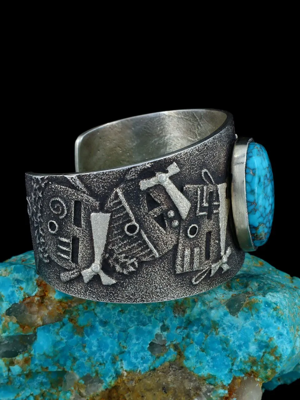 Native American Tufa Cast Yei Sterling Silver Natural Blue Moon Turquoise Bracelet