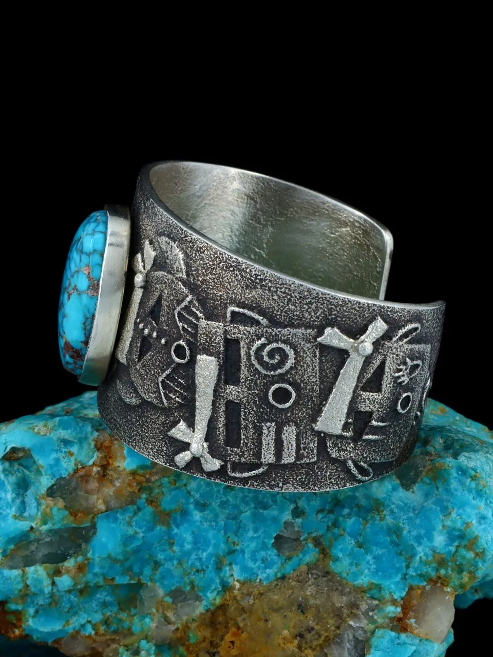 Native American Tufa Cast Yei Sterling Silver Natural Blue Moon Turquoise Bracelet