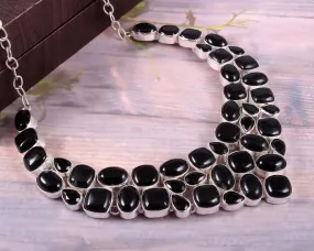 Natural Cabochon Black Onyx Bib Necklace  - 925 Sterling Silver Wedding Necklace