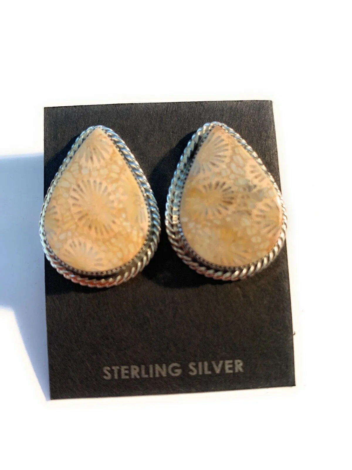 Navajo Fossilized Coral & Sterling Silver Jumbo Tear Drop Studs