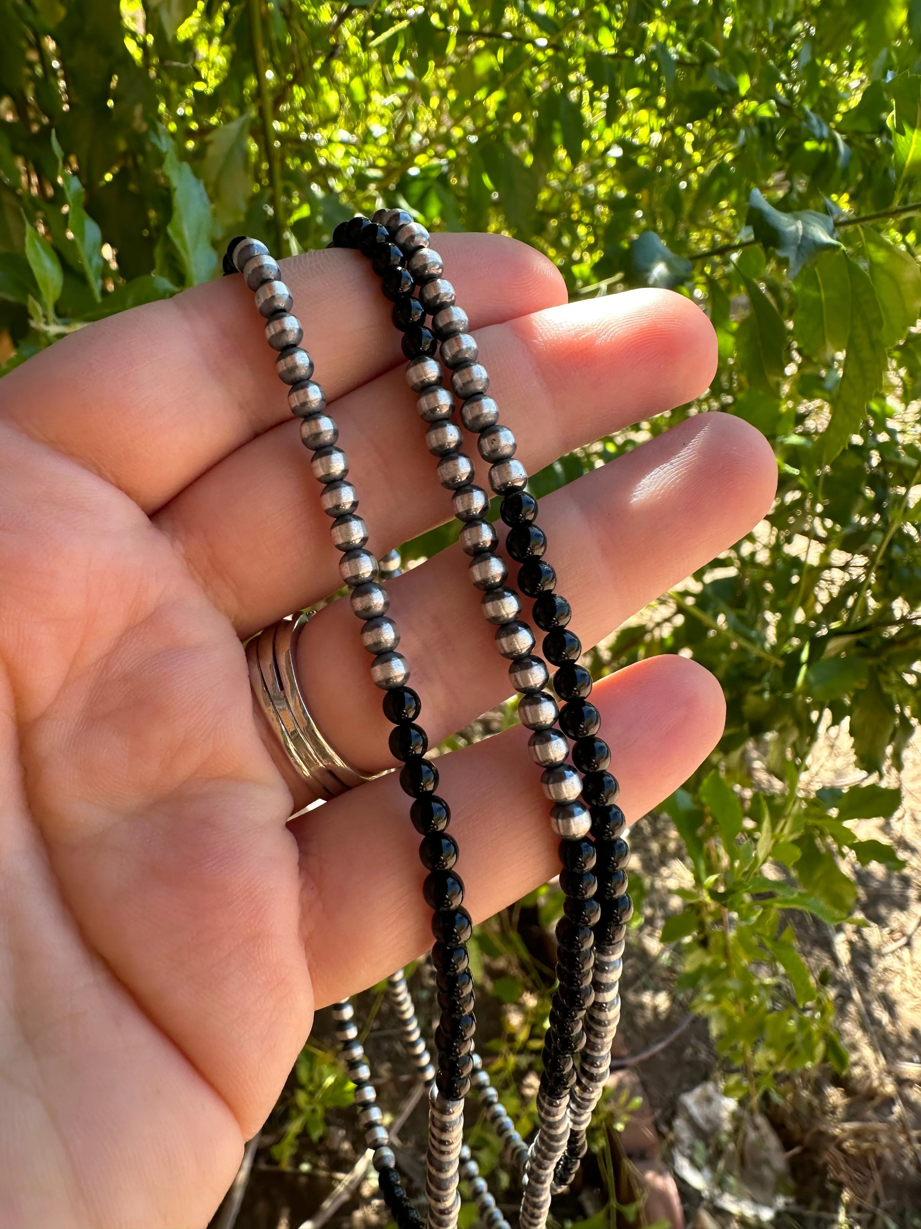 Navajo Pearl Sterling Silver & Black Onyx Beaded Necklace