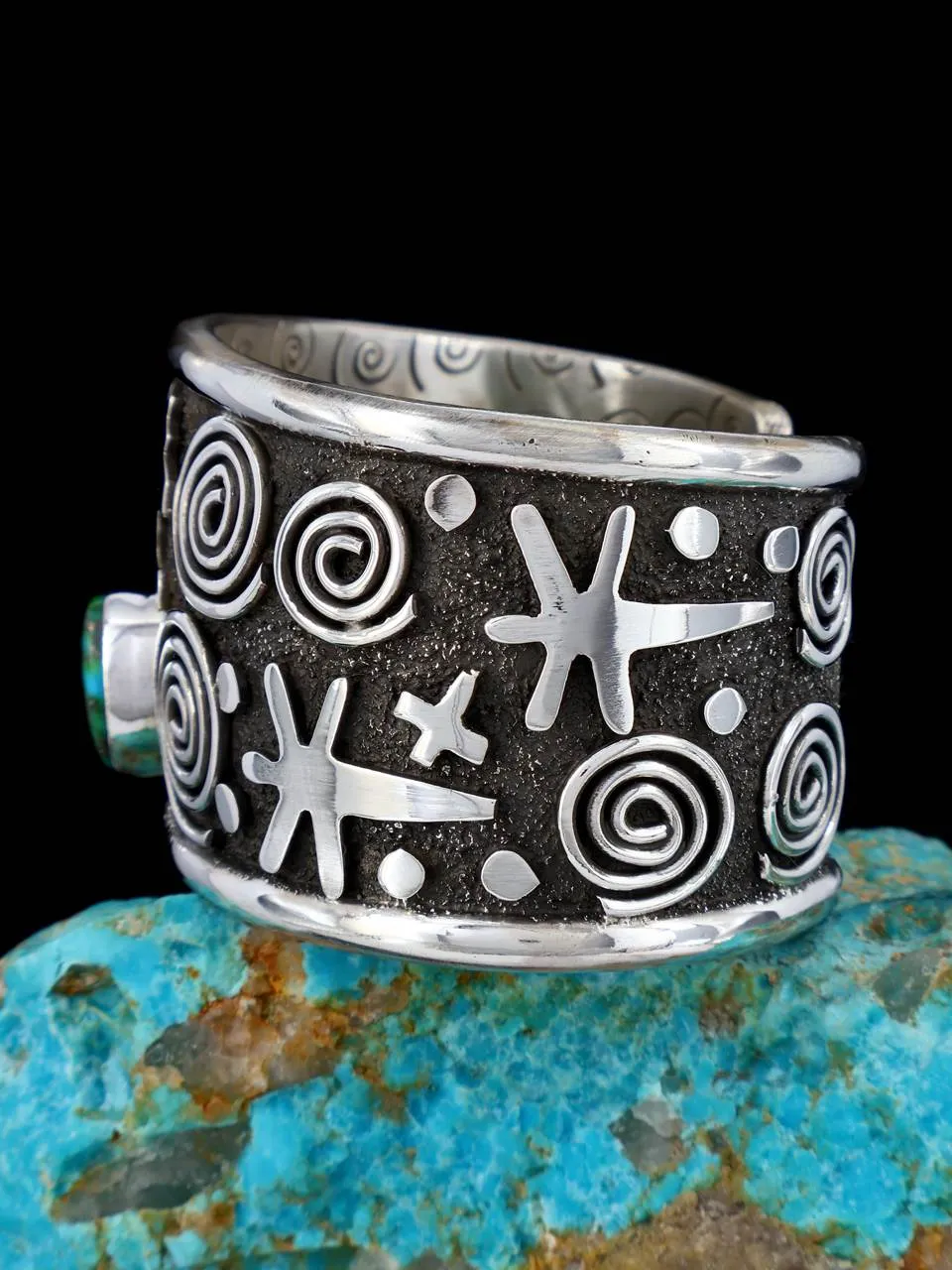 Navajo Sterling Silver Sonoran Gold Turquoise Petroglyph Cuff Bracelet