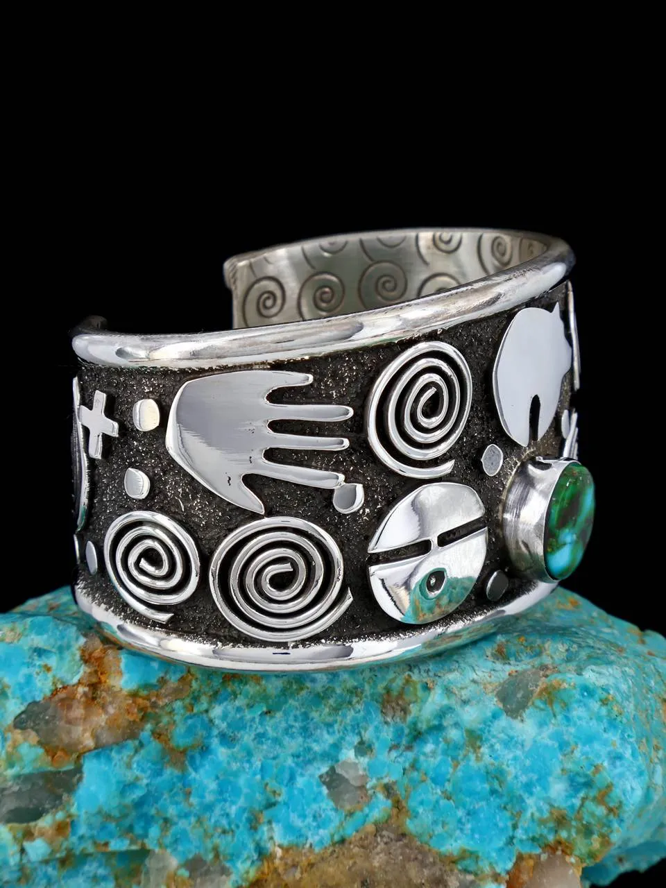 Navajo Sterling Silver Sonoran Gold Turquoise Petroglyph Cuff Bracelet