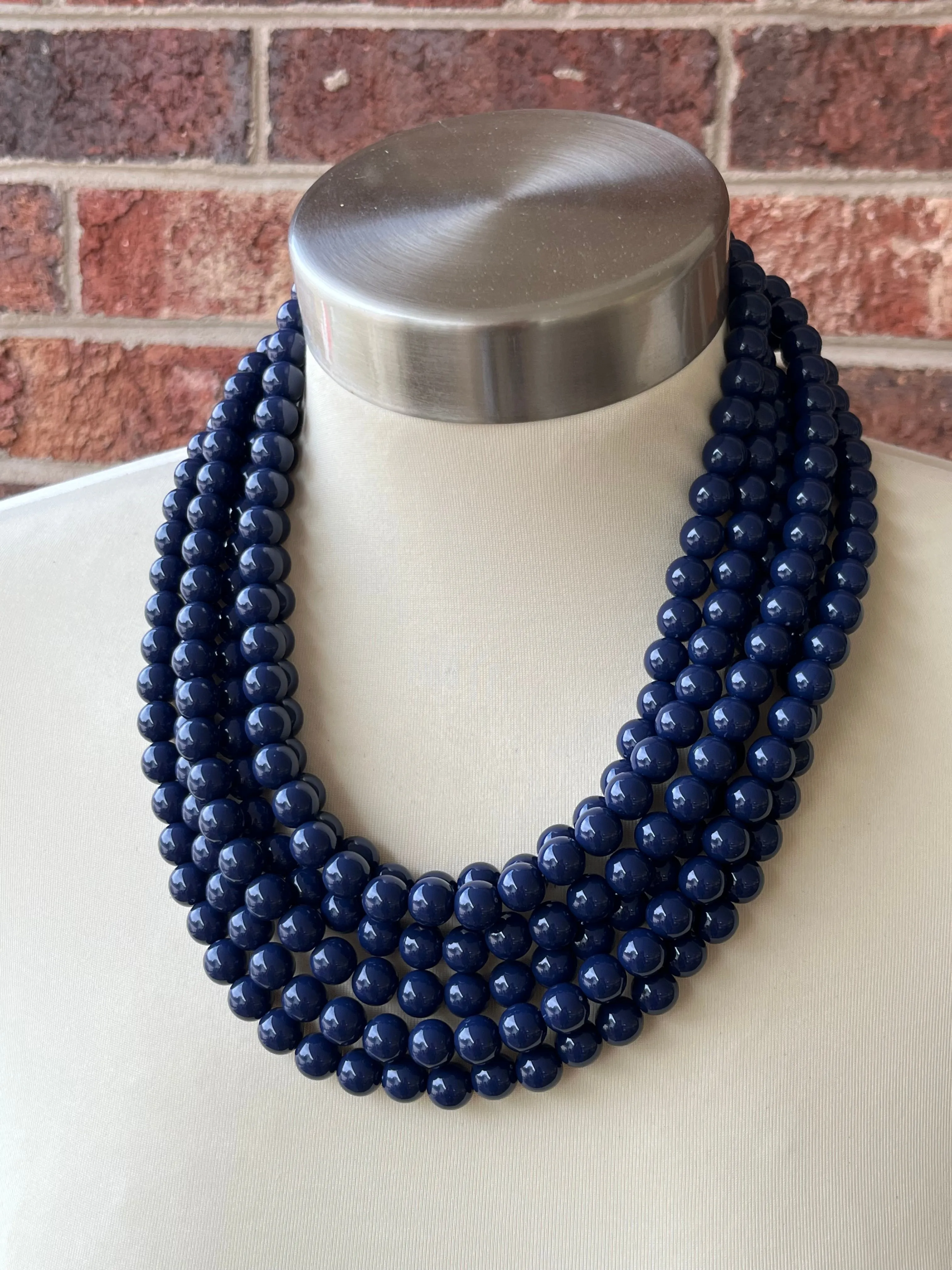 Navy Blue Acrylic Lucite Bead Chunky Multi Strand Statement Necklace - Alana