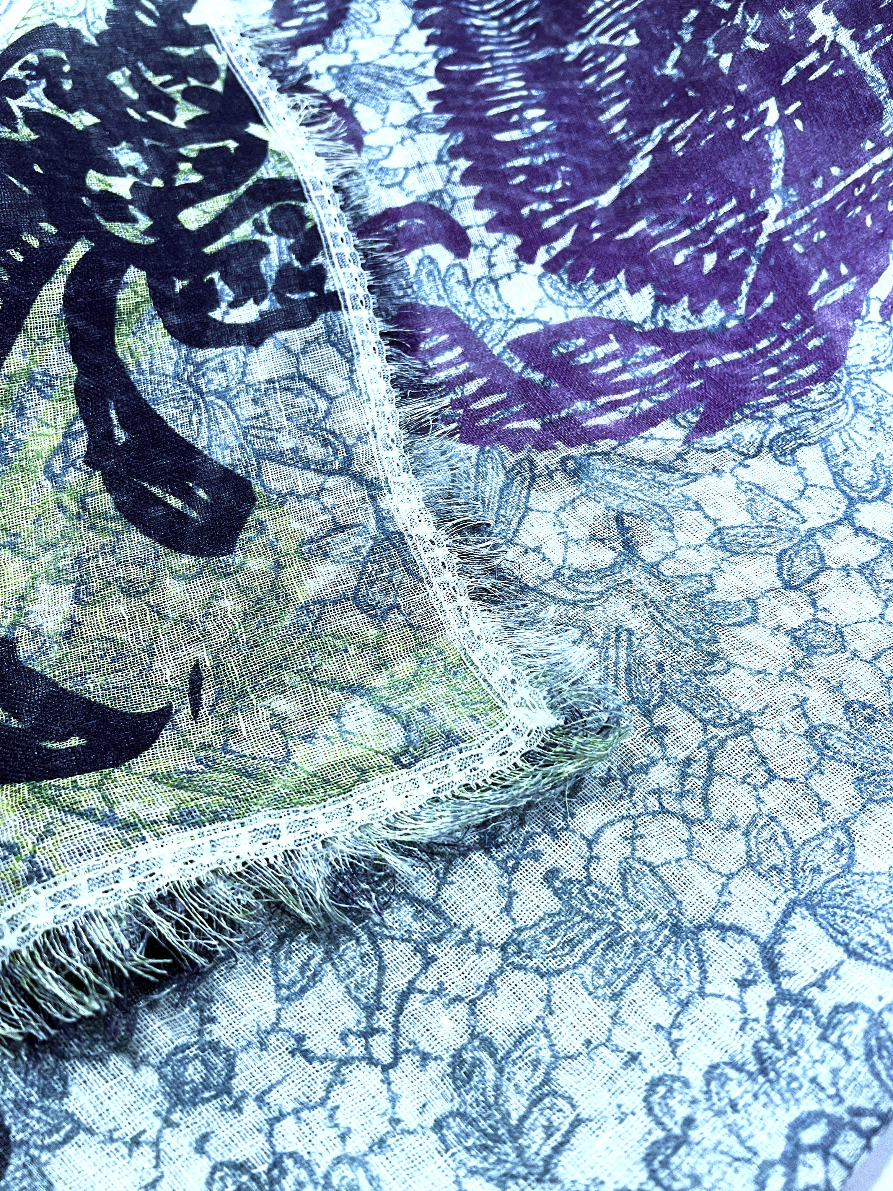 Navy Blue and Denim Blue Floral Printed Linen Scarf with an Ivory Filigree Lace Border