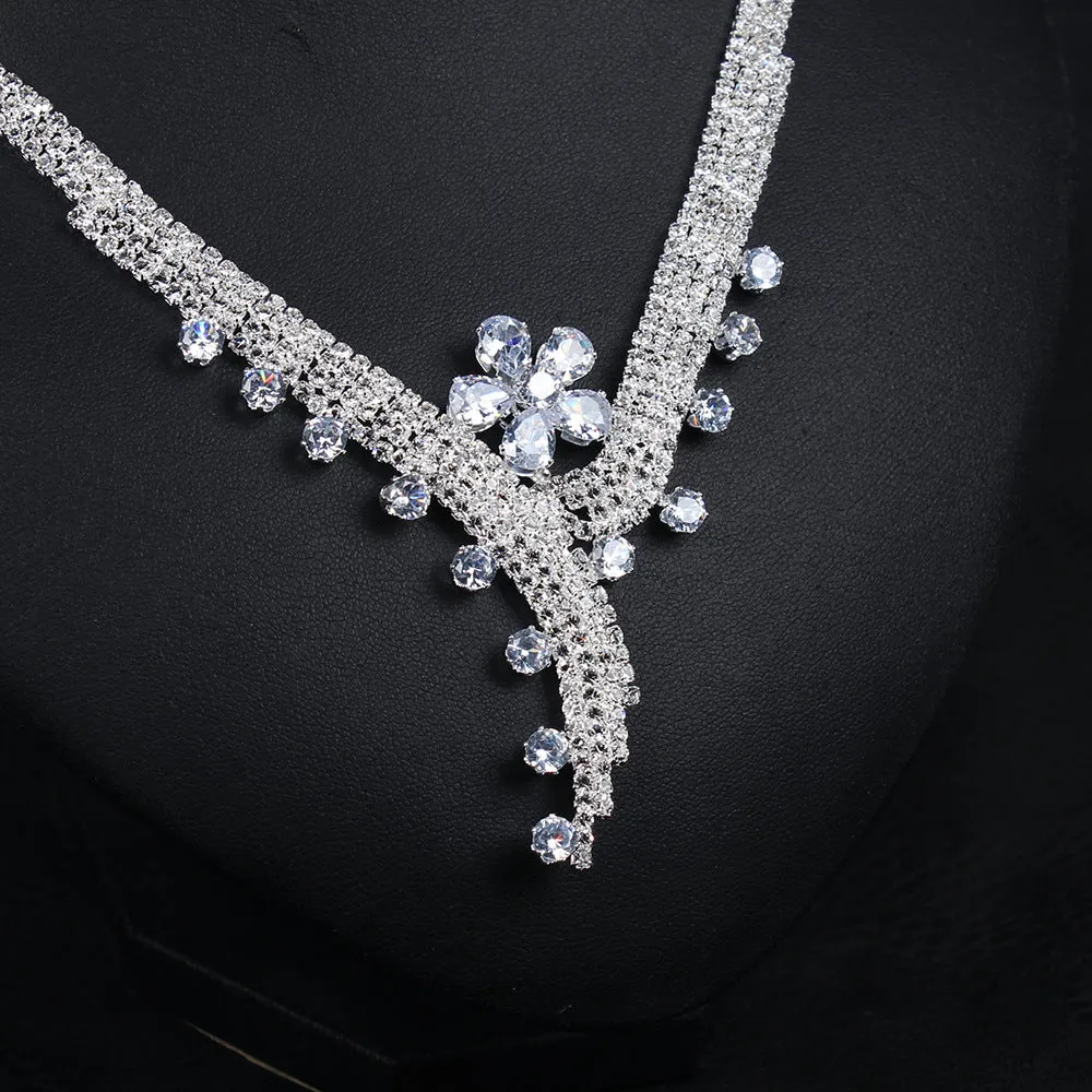 New full diamond zircon flower pendant necklace earrings bracelet ring set bridal dress photography accessories