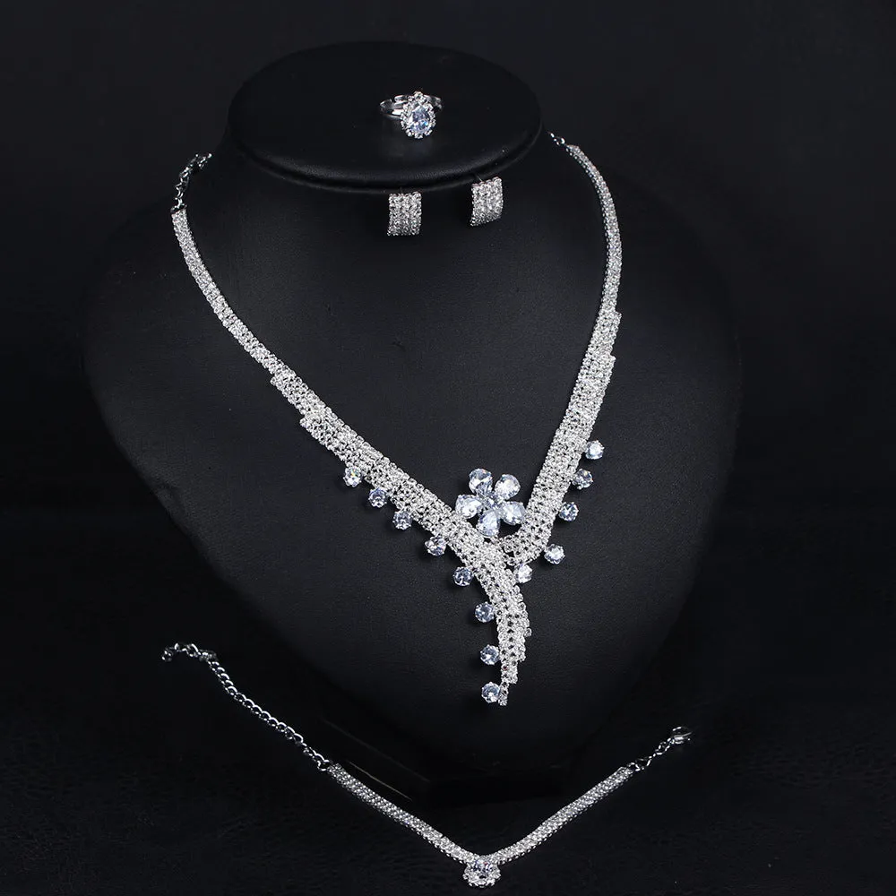 New full diamond zircon flower pendant necklace earrings bracelet ring set bridal dress photography accessories