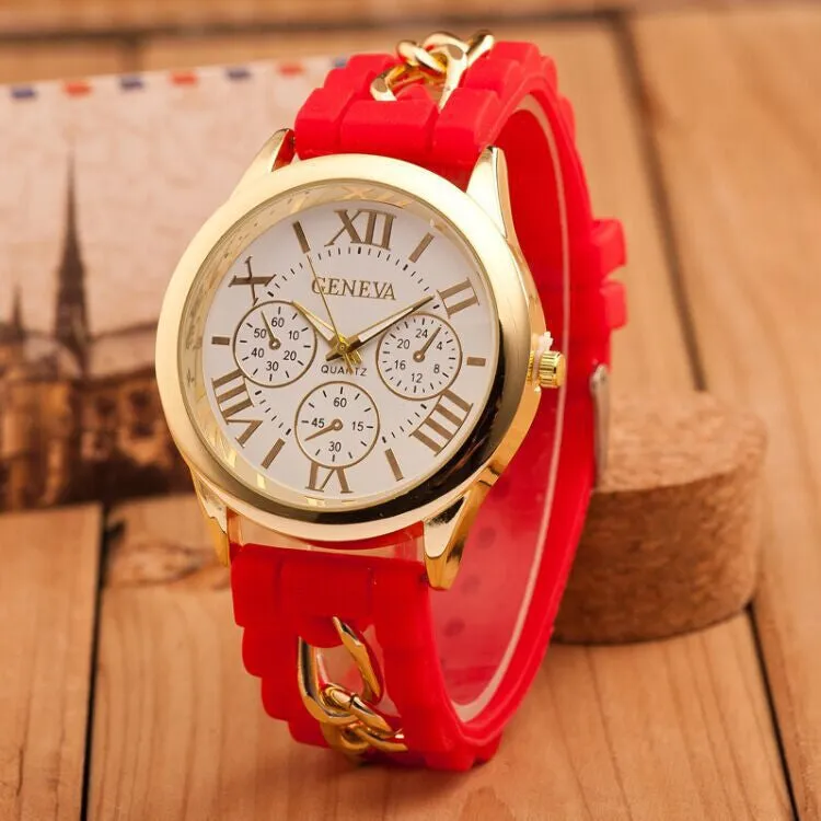 New style Geneva Silicone Band Gold Alloy Chain Women casual Watch men Quartz Wristwatch ladies women Jelly watch