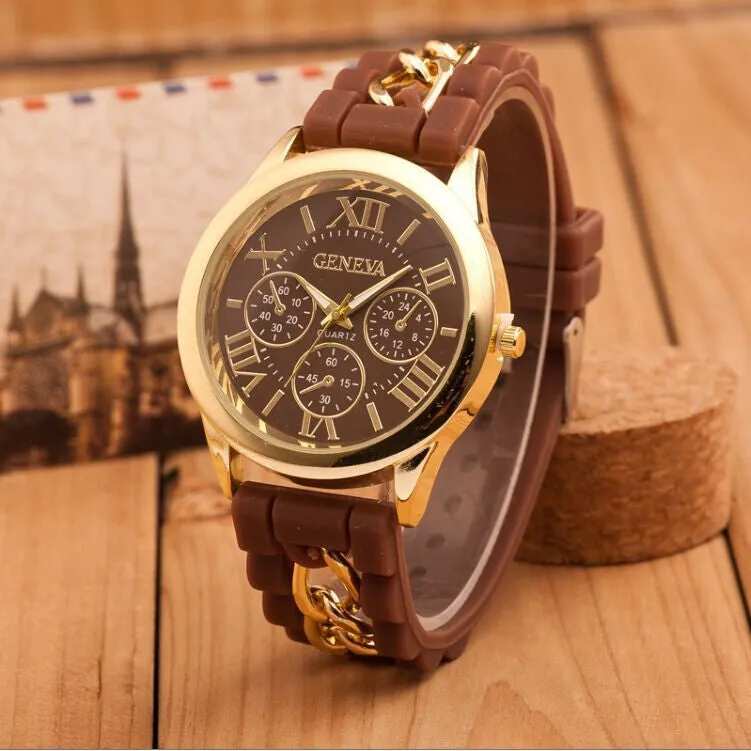 New style Geneva Silicone Band Gold Alloy Chain Women casual Watch men Quartz Wristwatch ladies women Jelly watch