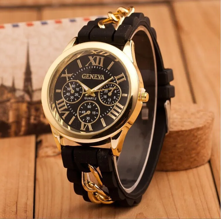 New style Geneva Silicone Band Gold Alloy Chain Women casual Watch men Quartz Wristwatch ladies women Jelly watch