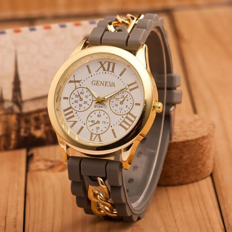 New style Geneva Silicone Band Gold Alloy Chain Women casual Watch men Quartz Wristwatch ladies women Jelly watch