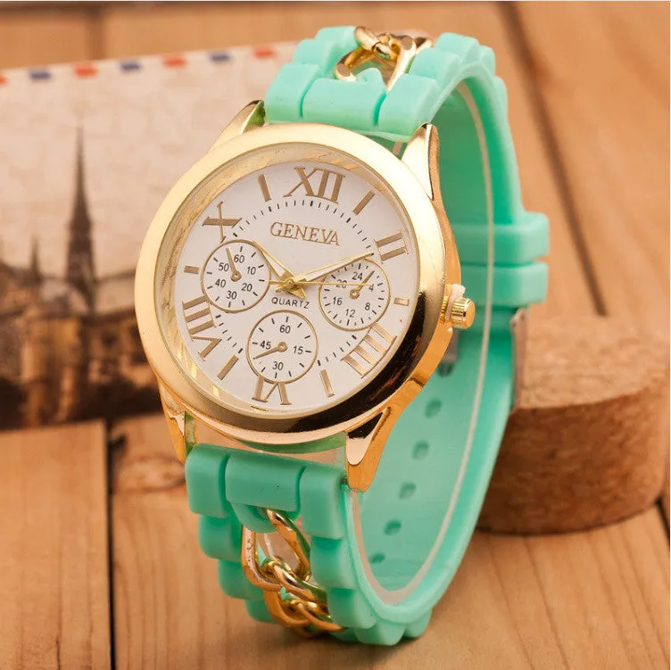 New style Geneva Silicone Band Gold Alloy Chain Women casual Watch men Quartz Wristwatch ladies women Jelly watch