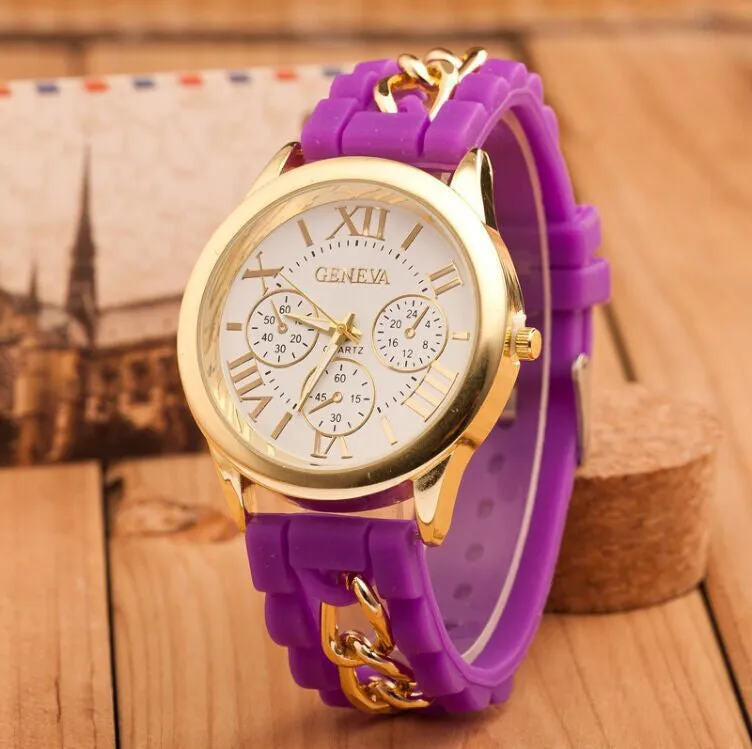 New style Geneva Silicone Band Gold Alloy Chain Women casual Watch men Quartz Wristwatch ladies women Jelly watch