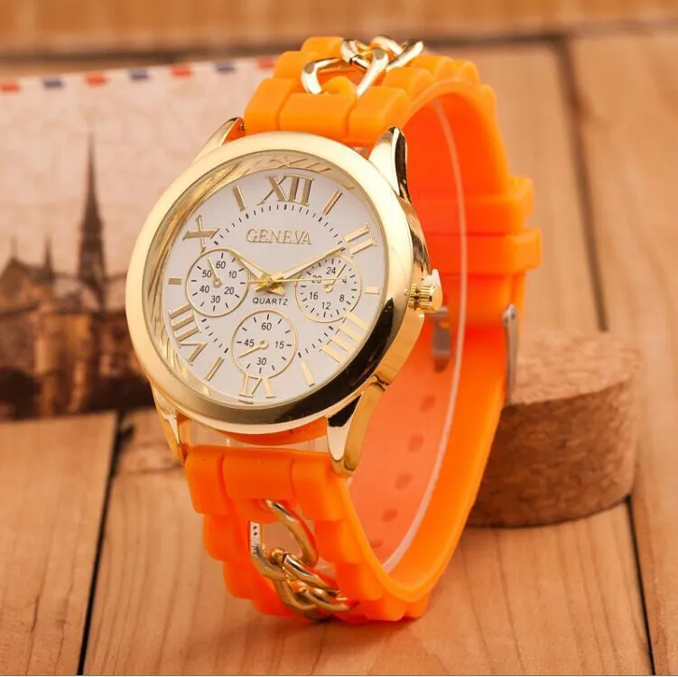 New style Geneva Silicone Band Gold Alloy Chain Women casual Watch men Quartz Wristwatch ladies women Jelly watch