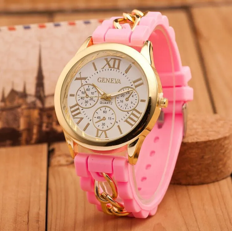 New style Geneva Silicone Band Gold Alloy Chain Women casual Watch men Quartz Wristwatch ladies women Jelly watch