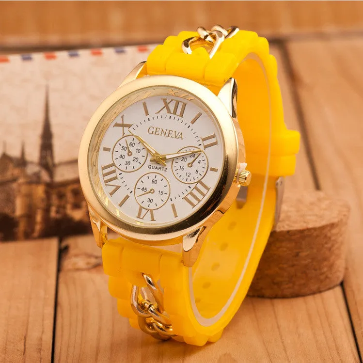 New style Geneva Silicone Band Gold Alloy Chain Women casual Watch men Quartz Wristwatch ladies women Jelly watch