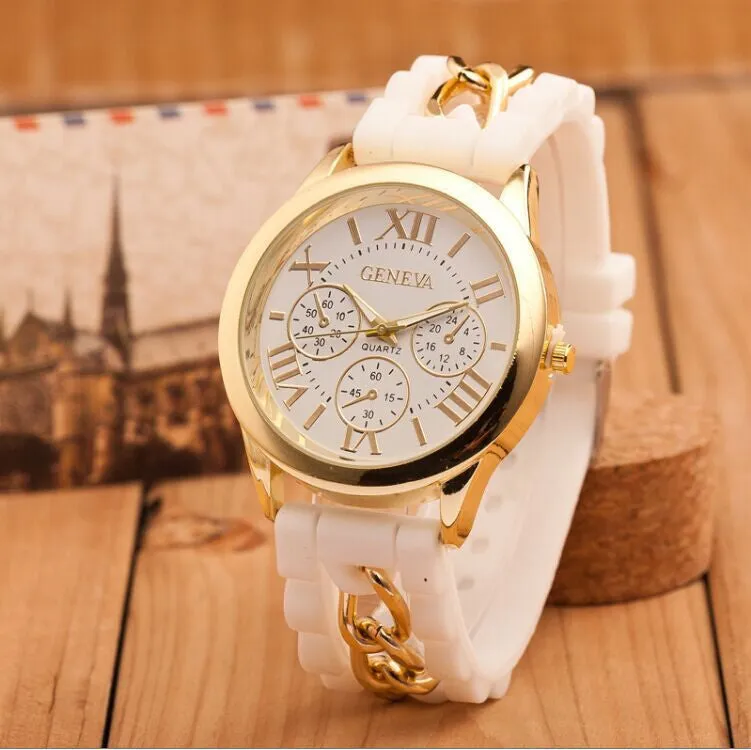 New style Geneva Silicone Band Gold Alloy Chain Women casual Watch men Quartz Wristwatch ladies women Jelly watch