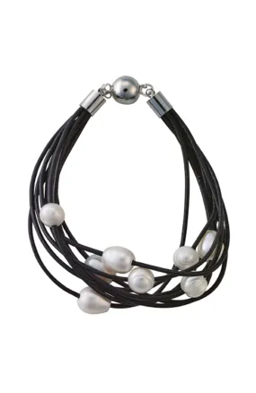 Nine-strand leather and pearl bracelet