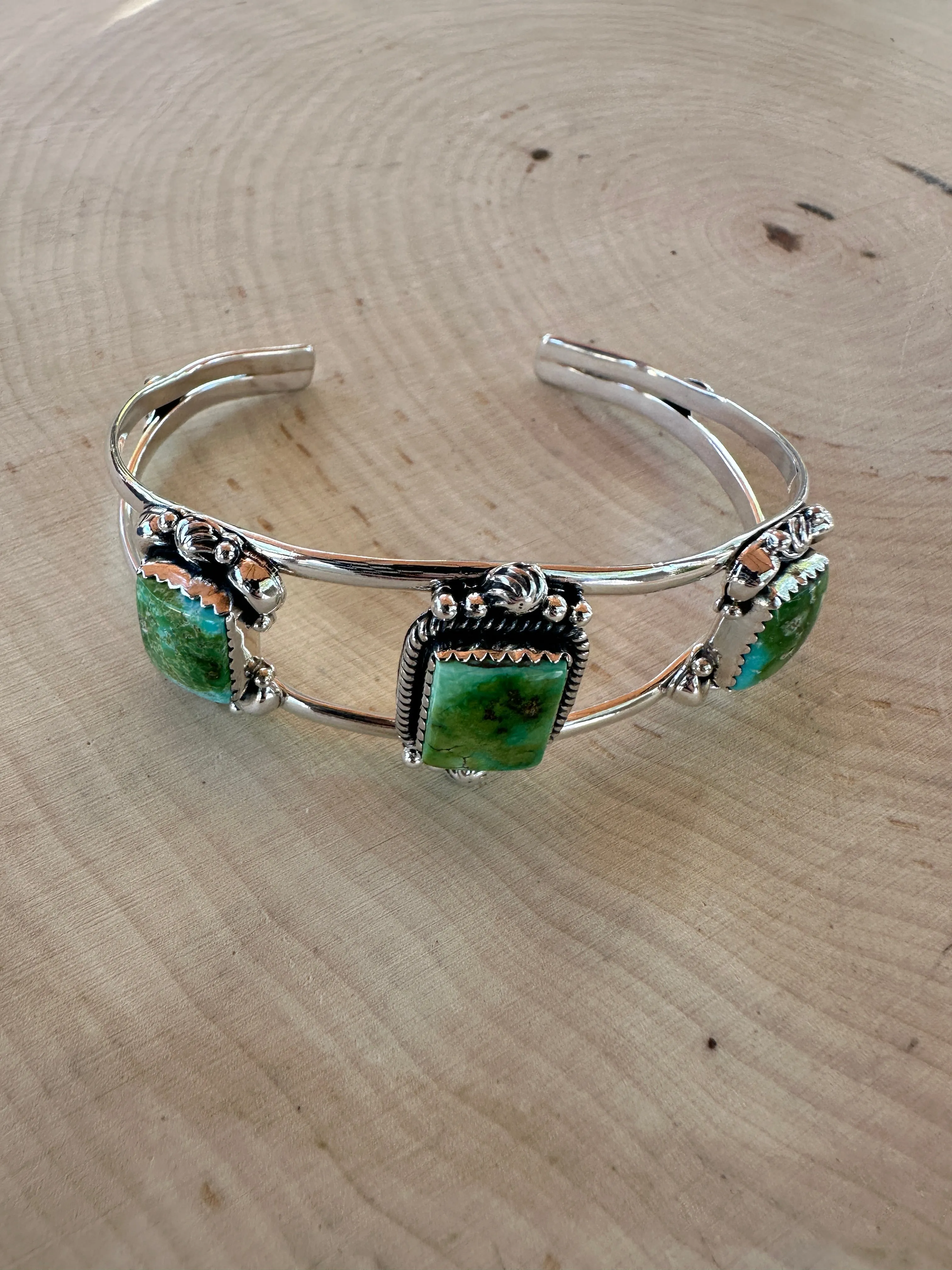 Nizhoni Handmade Sterling Silver & Sonoran Mountain Turquoise 3 Stone Adjustable Cuff Bracelet