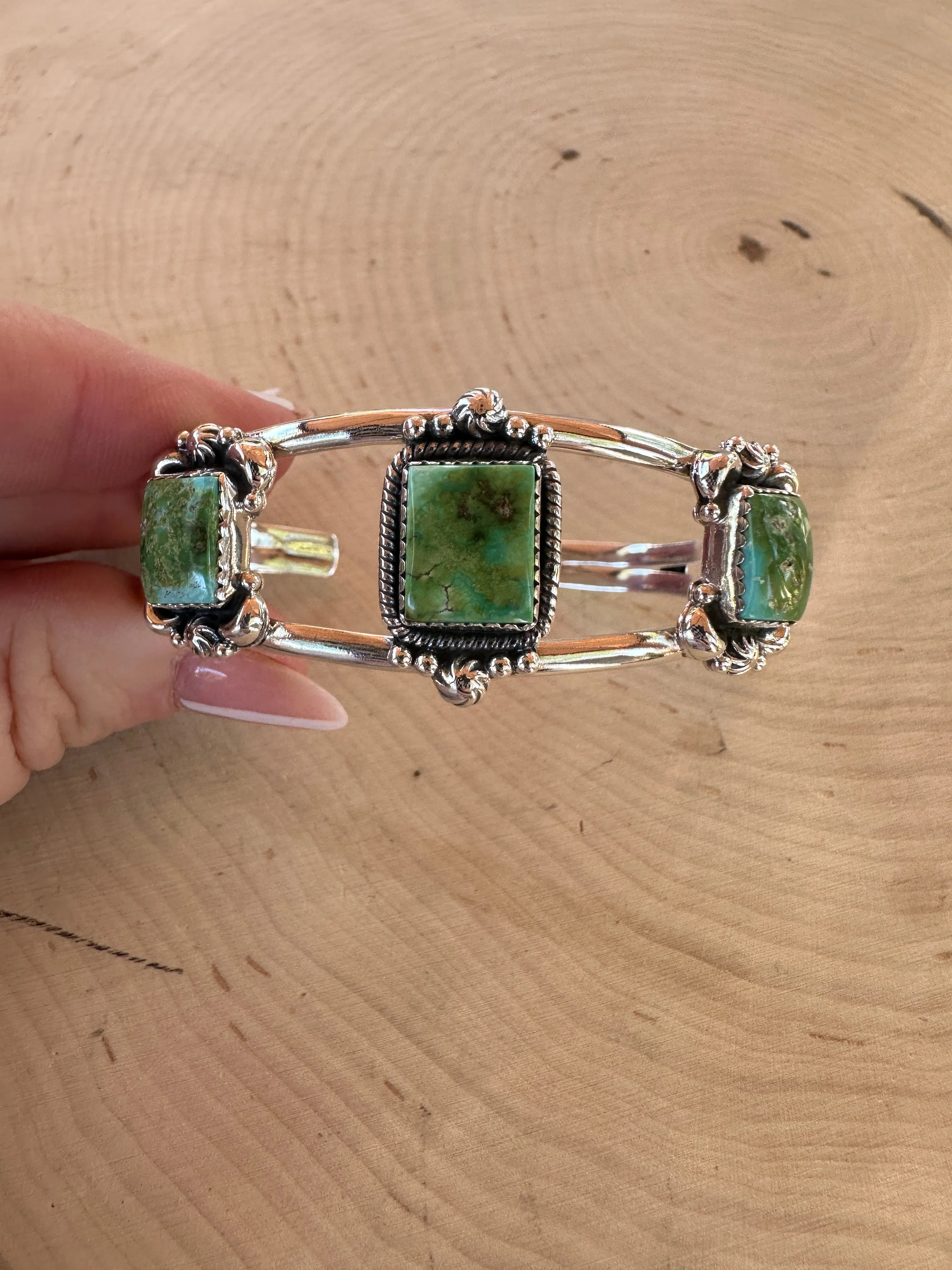 Nizhoni Handmade Sterling Silver & Sonoran Mountain Turquoise 3 Stone Adjustable Cuff Bracelet