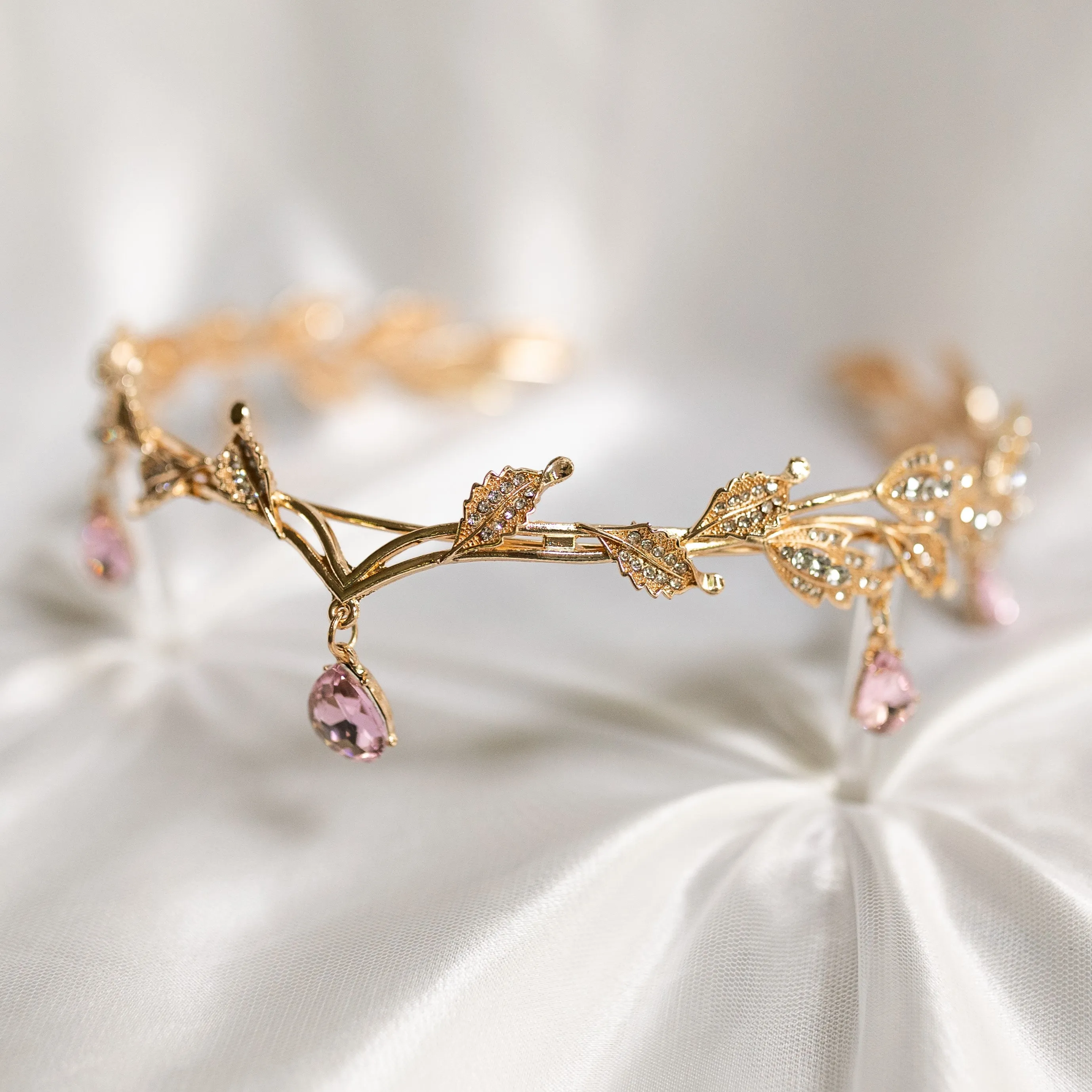 Octavia’s Crystal Drop Head Band in Pink & Gold