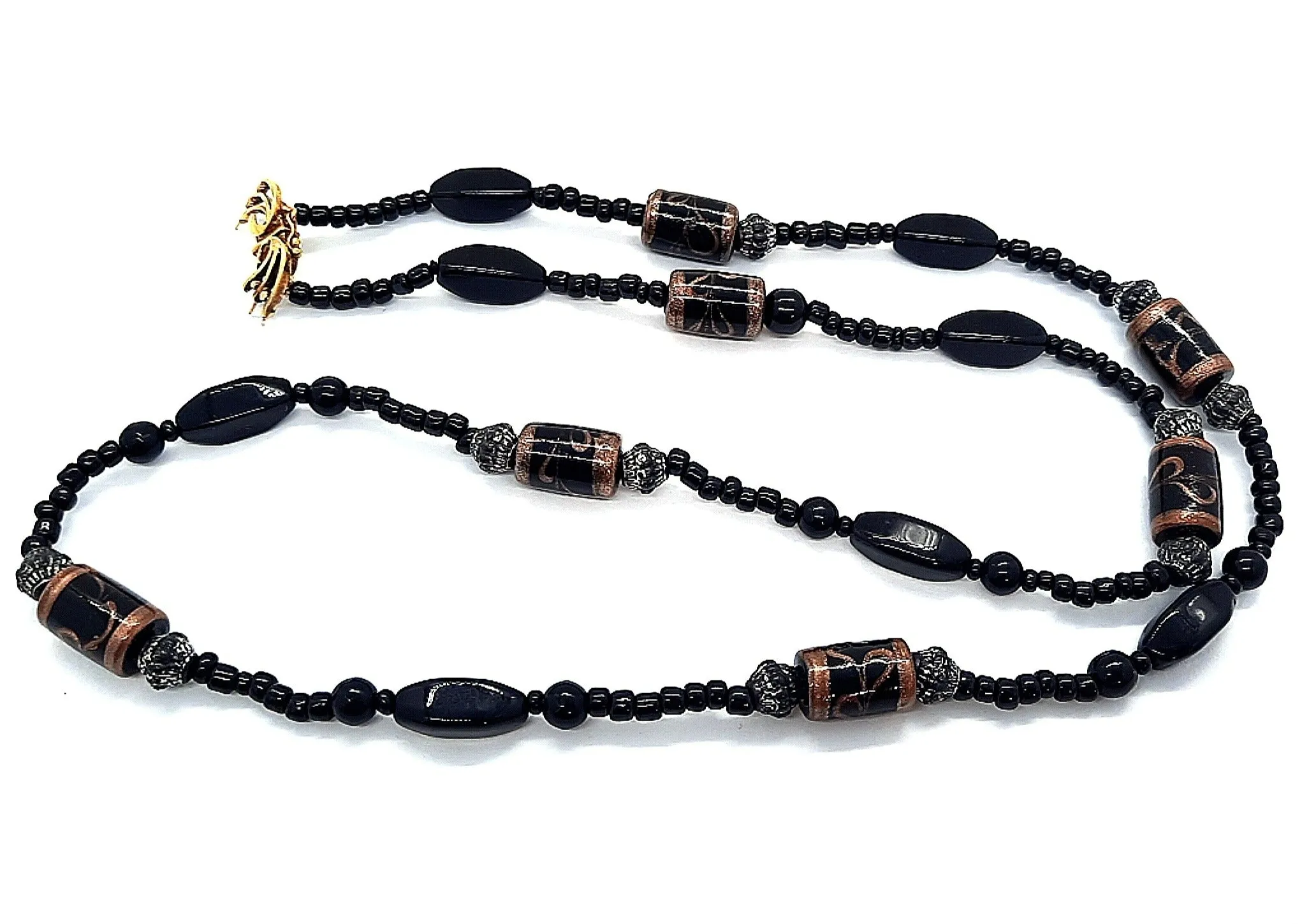 Onyx & Glass Beaded Necklace with 18ct Yellow Gold Clasp