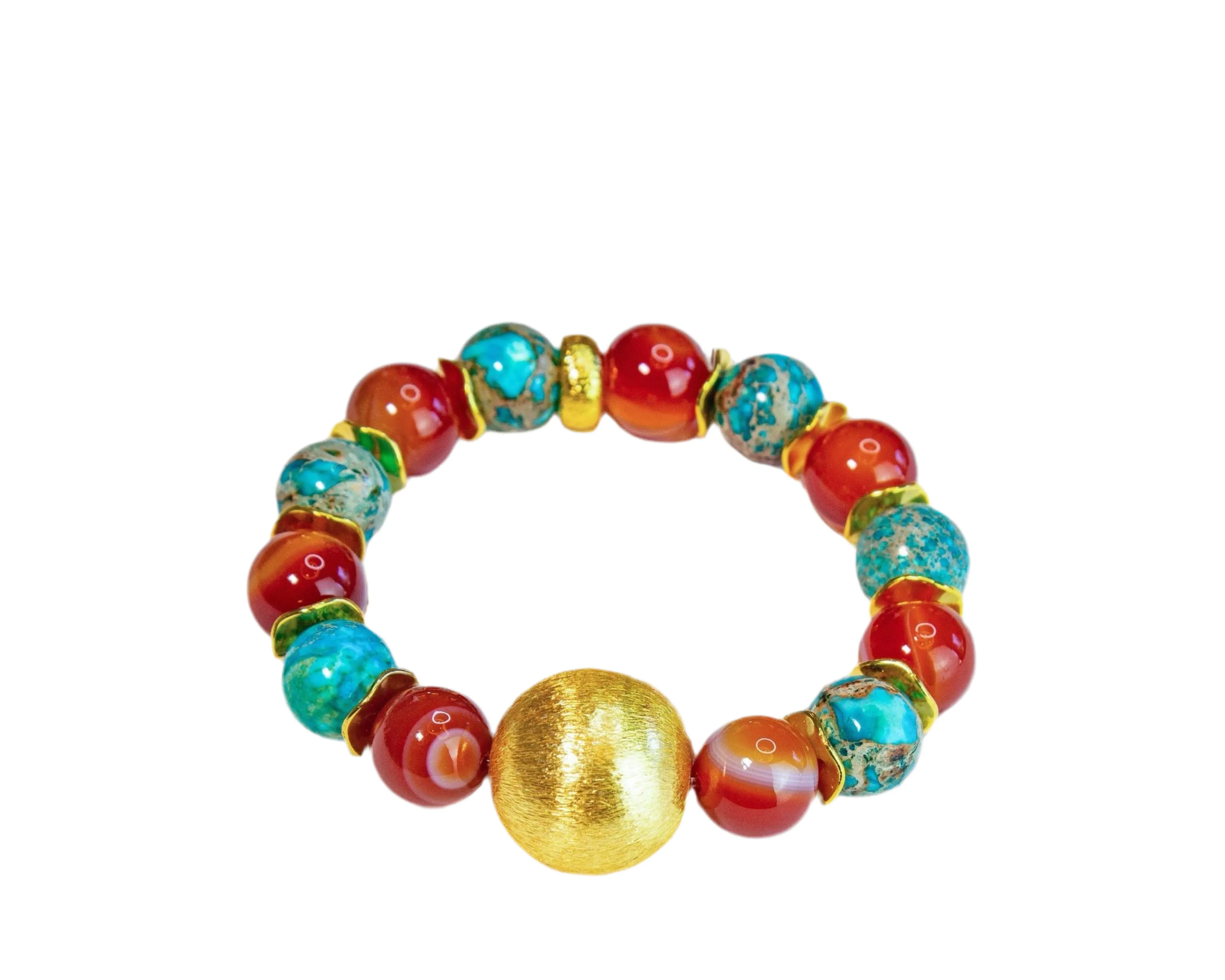 Orange Carnelian & Turquoise Gemstone 18k Brushed Gold Vermeil Statement Bracelet