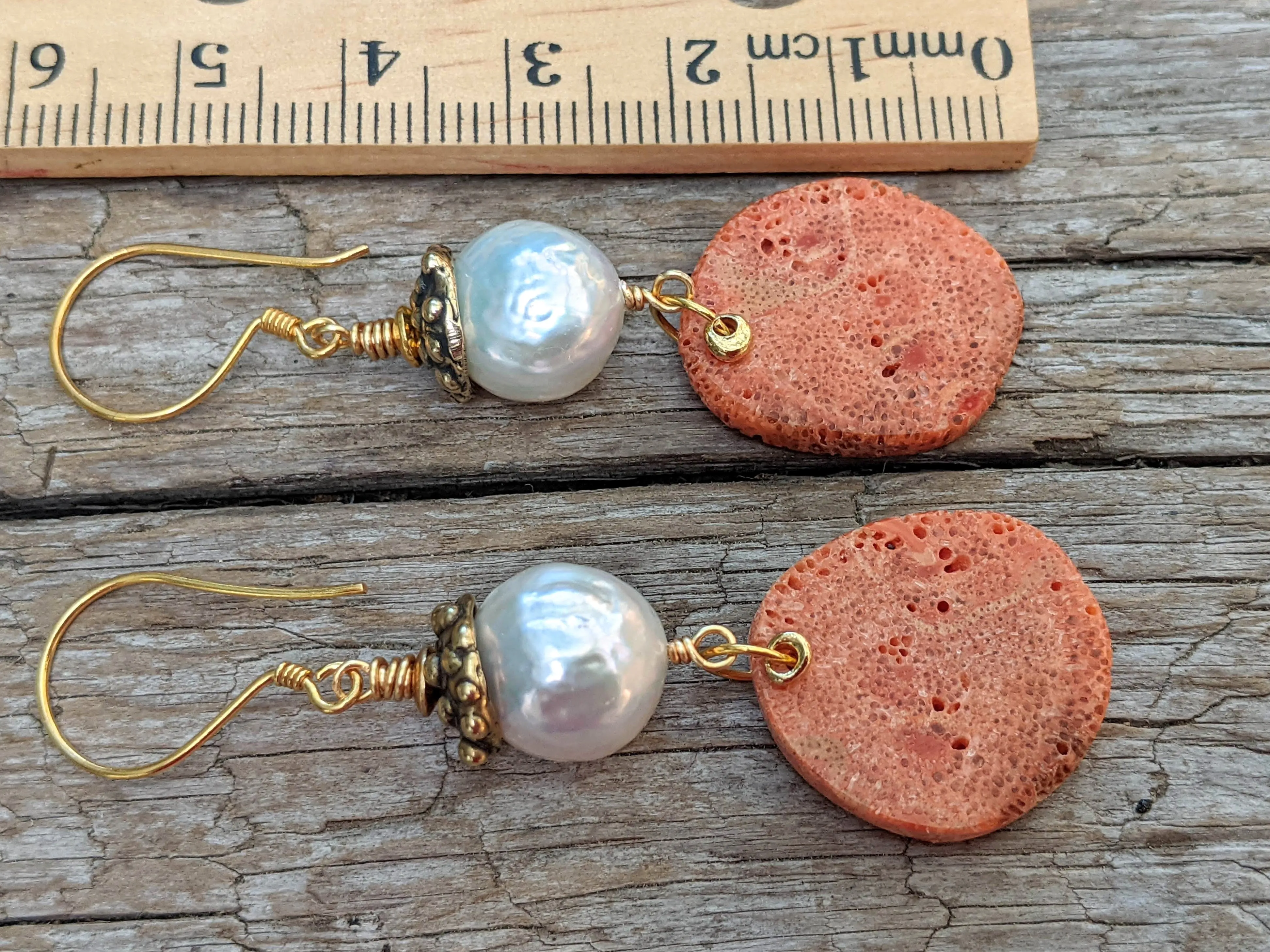 Orange Fossilized Coral & Edison Pearl Artisan Earrings