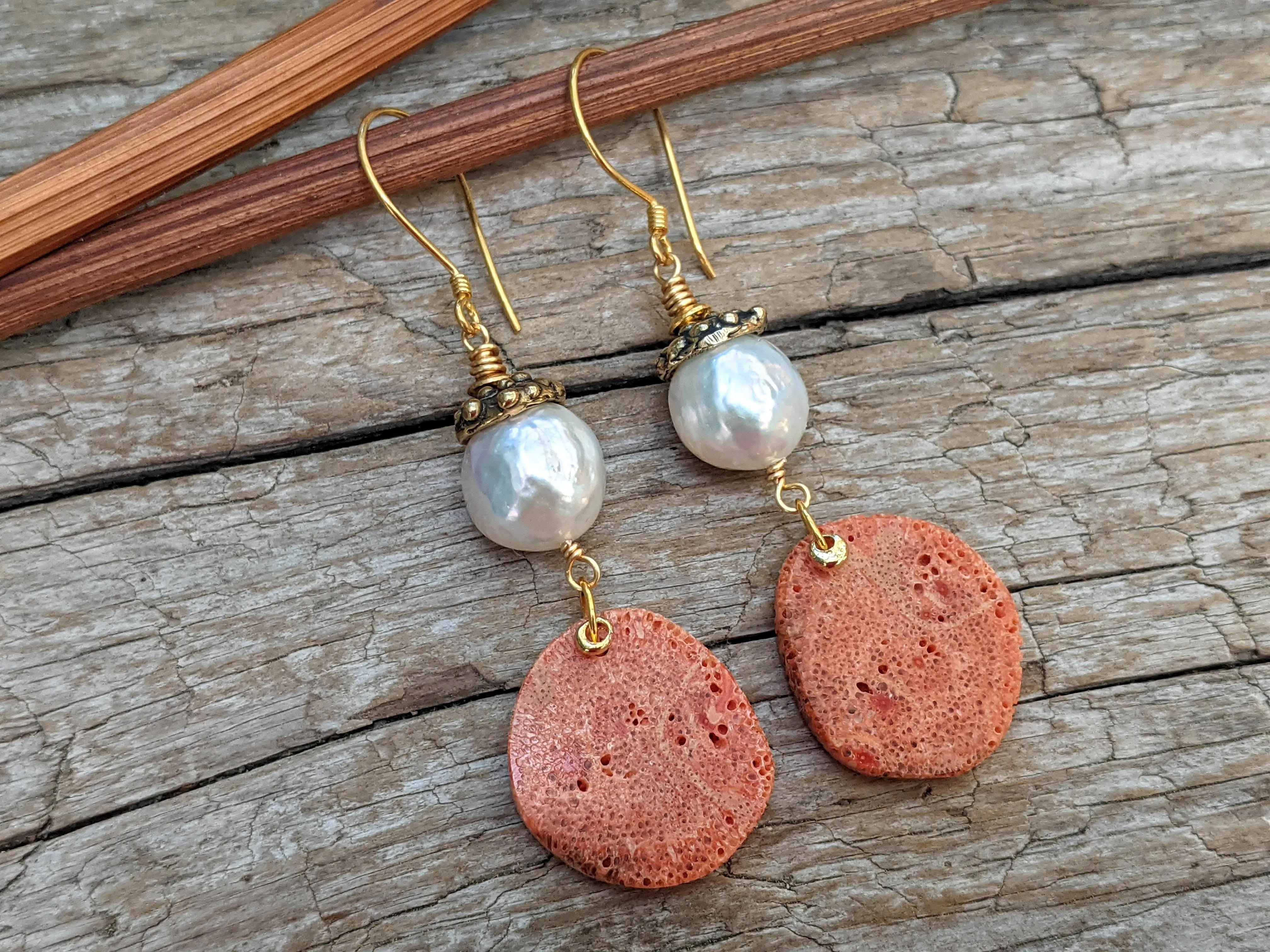 Orange Fossilized Coral & Edison Pearl Artisan Earrings