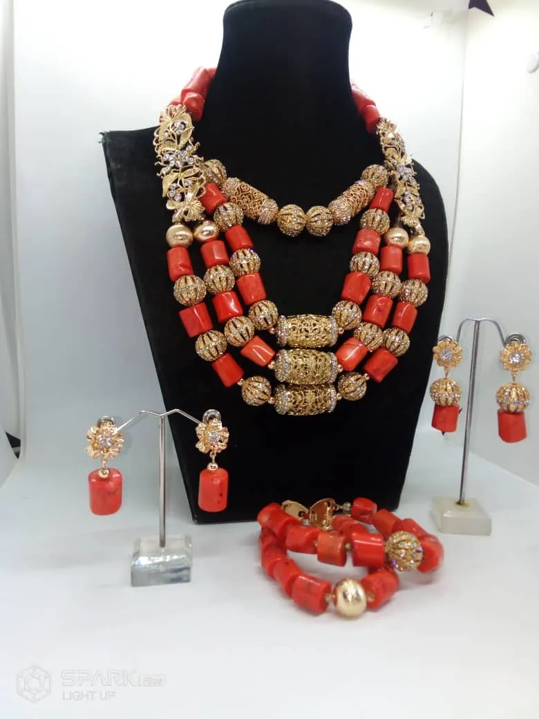 Original Celebrant Coral Beads with Brooch Necklace Earring Bracelet Jewellery Set UK