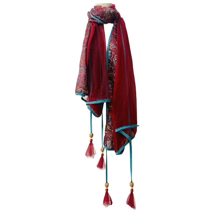 Original Spring and Summer New Ethnic Style Vintage Print, Mesh Tassel Versatile Scarf, Multifunctional Shawl