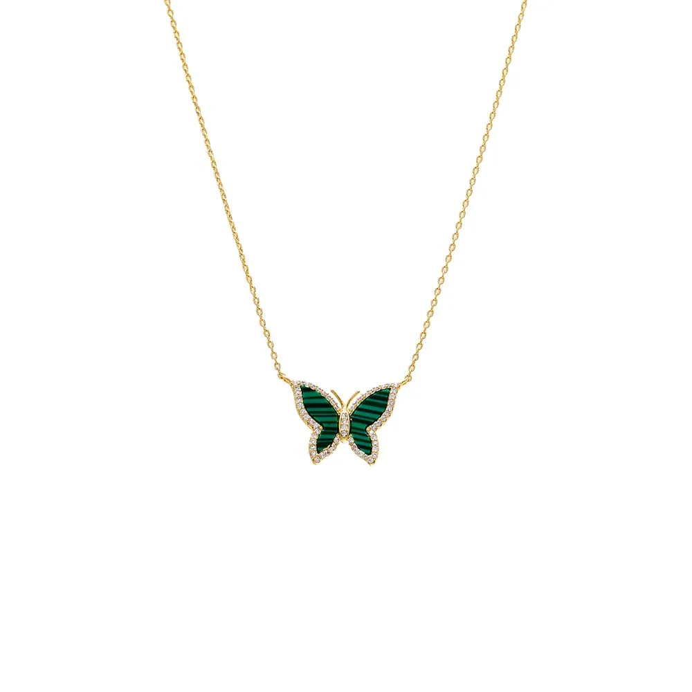 Pave Outline Colored Stone Butterfly Necklace