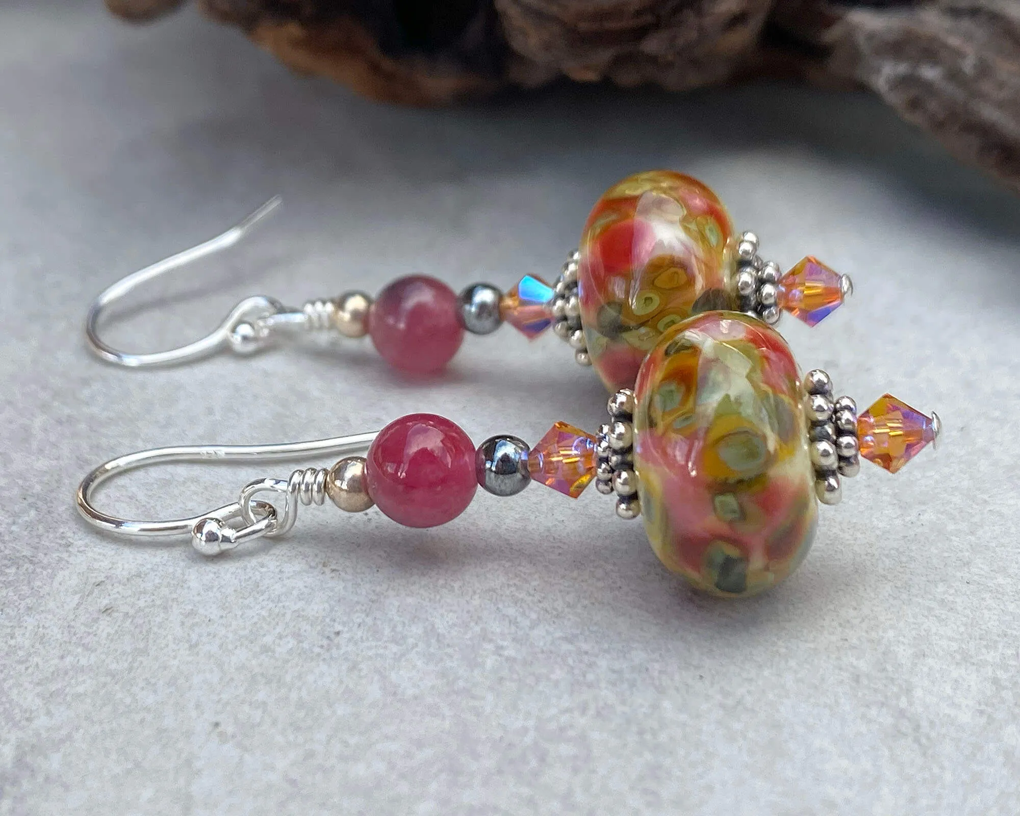 Peach Agate Yellow Lampwork Earrings