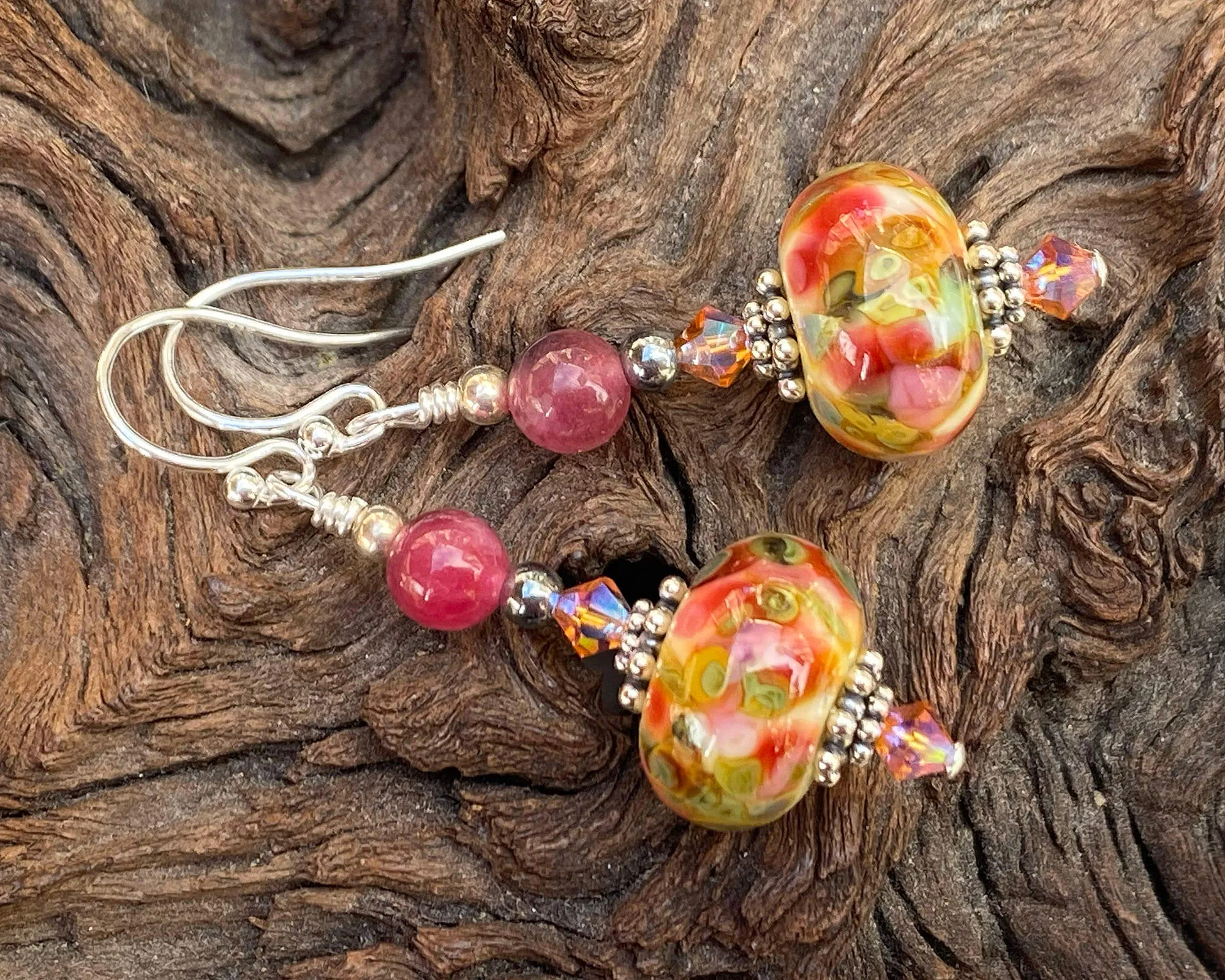 Peach Agate Yellow Lampwork Earrings