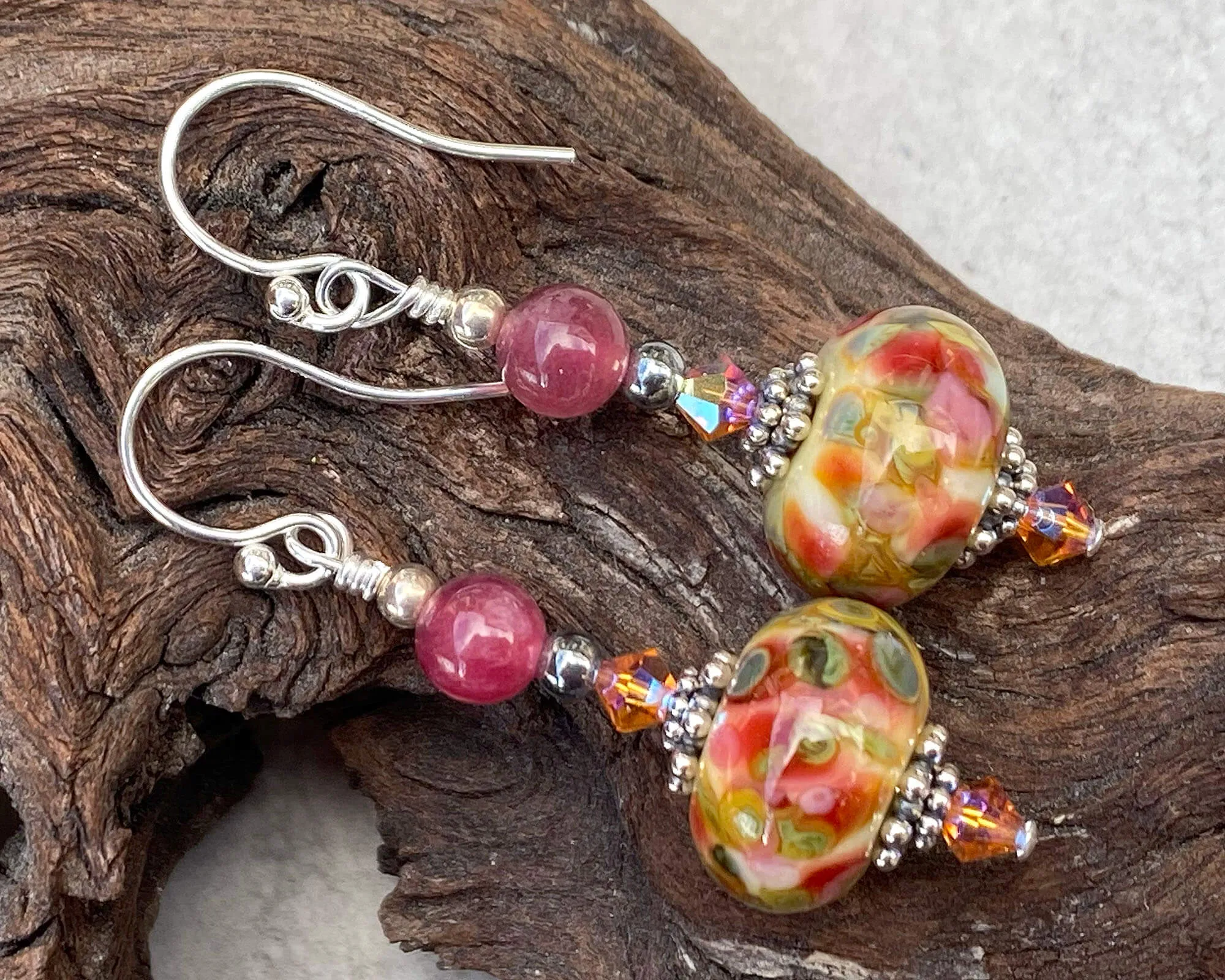 Peach Agate Yellow Lampwork Earrings