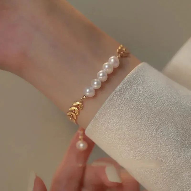 Pearl Leaf Shape Wheat Ear Bracelet Pearls Stainless steel Charm Bracelets