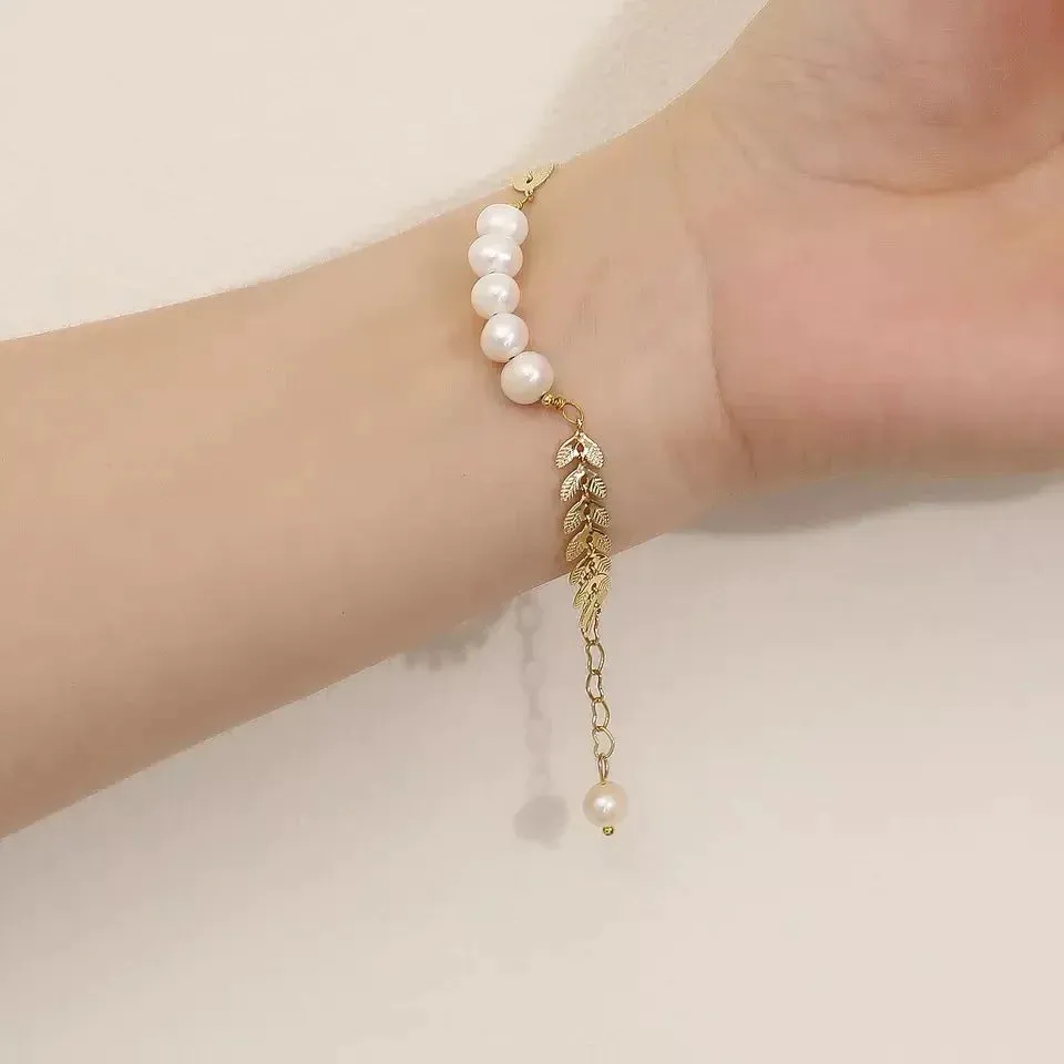 Pearl Leaf Shape Wheat Ear Bracelet Pearls Stainless steel Charm Bracelets