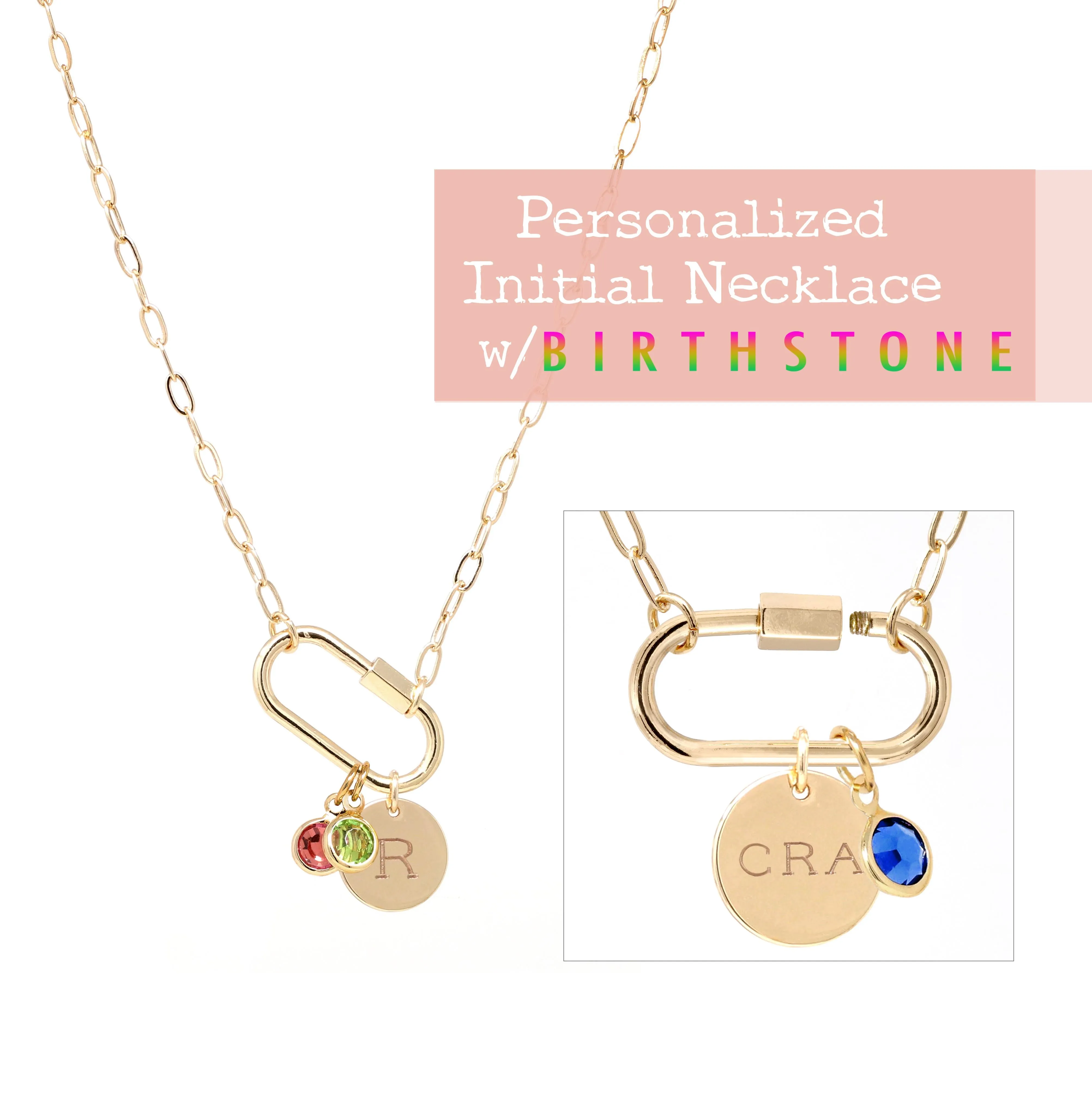 Personalized Initial & Birthstone Mini Carabiner Necklace