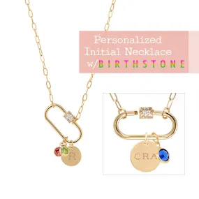 Personalized Initial & Birthstone Pave Carabiner Necklace